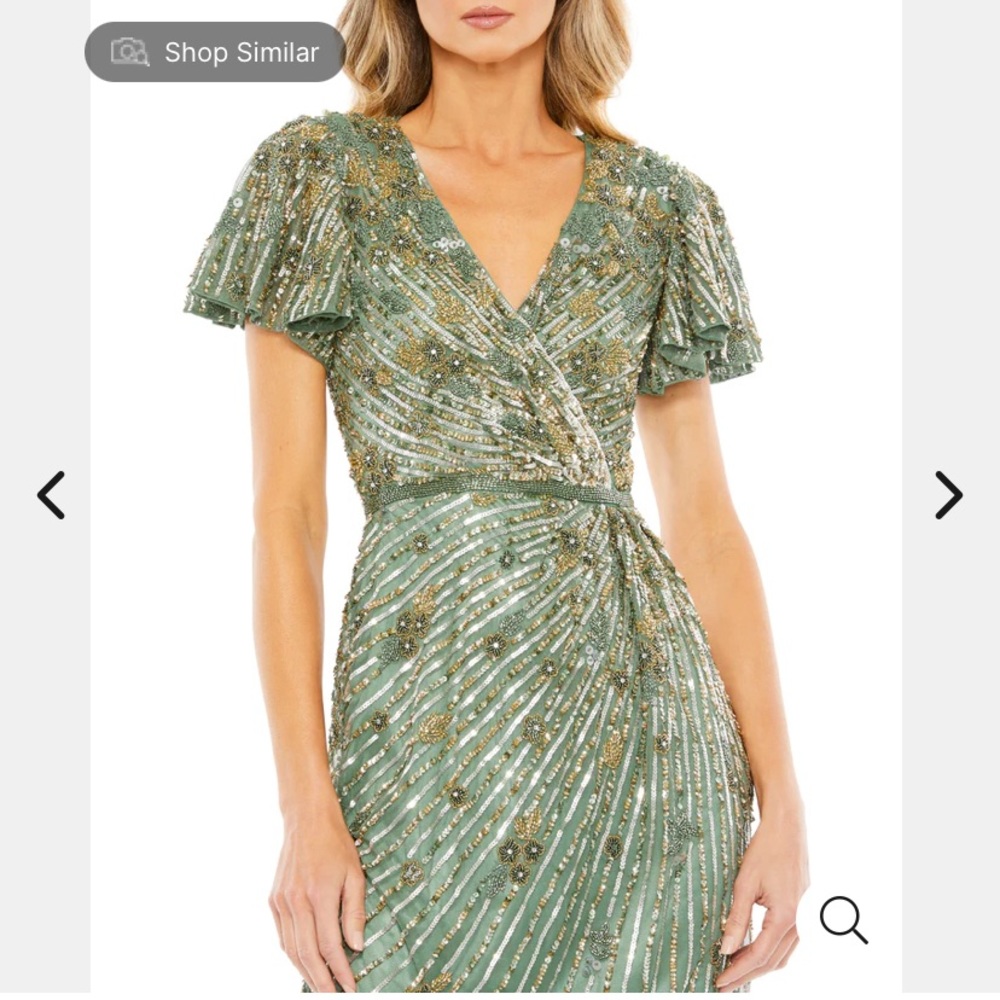 Mac Duggal Embellished faux wrap flutter sleeve dress.